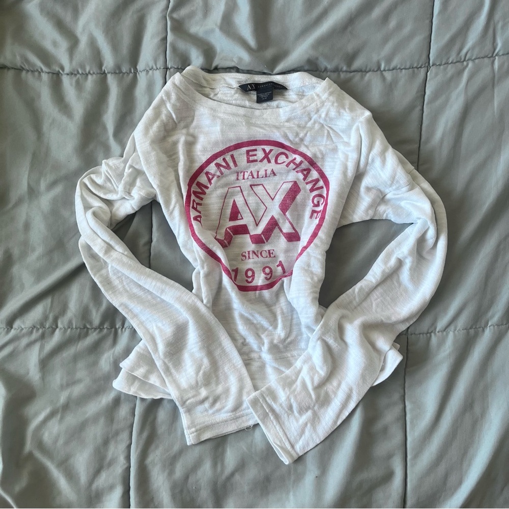 armani exchange flowy long sleeve logo top in white
